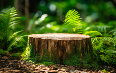 Wooden stump cut saw in the forest with green moss and ferns. High quality photo