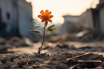 A single flower growing in the harsh environment - groth and strenght concept - AI Generated