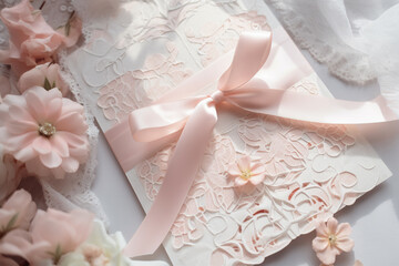 Beautiful wedding invitation envelope with pink ribbon and lace. 