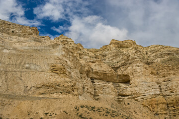 Breathtaking Cloudy Desert Landscape of Upper Mustang captured from Chele Village in Himalaya Nepal
