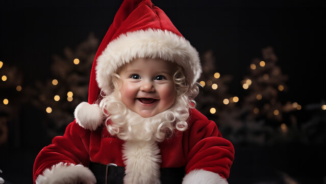 S&uuml;&szlig;es kleines M&auml;dchen mit Weihnachtkleidung und Weihnachtsm&uuml;tze lacht Portr&auml;t, ai generativ