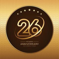 26th anniversary logo with a golden number and ring isolated on a golden pattern background, logo vector illustration
