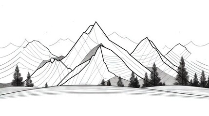 Sketch of landscape with mountains and forest at the foot of rocks line art black and white illustration of wild land