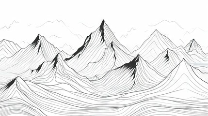Sketch of landscape with mountains line art black and white illustration of wild land