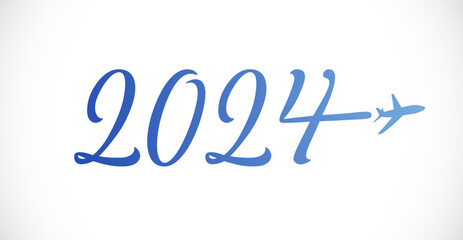 Happy New Year 2024 travel company logotype. Creative typographic design with blue plane. Business trip 2024 symbol. Calendar title idea. Internet icon. Modern style number 20 24. Isolated graphic.