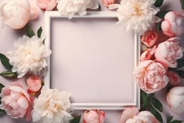 Obraz na płótnie Canvas White picture frame surrounded by peony flowers. 
