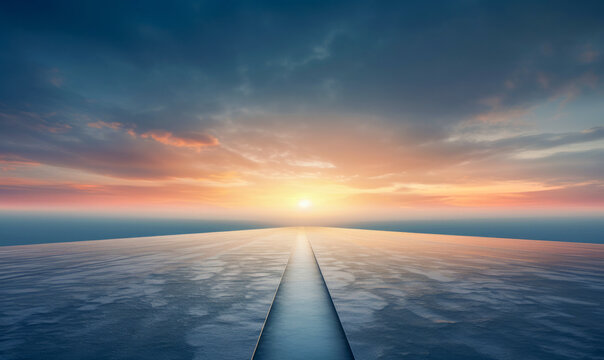 Background with empty road over clouds at sunset or sunrise. High quality photo