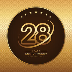 28th anniversary logo with a golden number and ring isolated on a golden pattern background, logo vector illustration