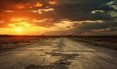 Dirt road in the field at sunset. Landscape with dramatic sky. High quality photo