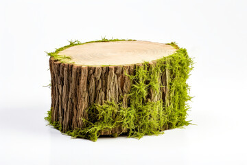 Wooden saw cut green moss isolated on white background. High quality photo
