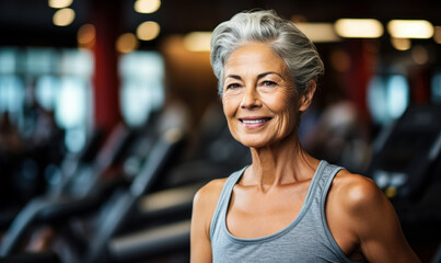 Fototapeta premium Happy Senior Woman Exercising in Gym: Fitness Portrait