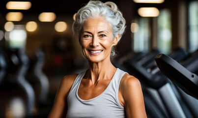 Fototapeta na wymiar Portrait of a happy senior woman exercising in the gym