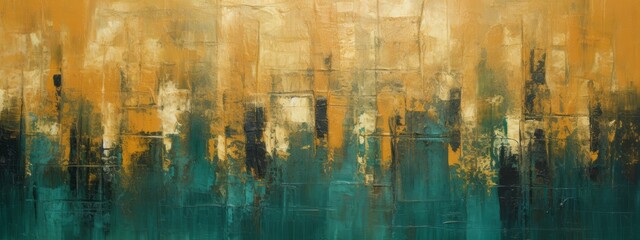 Closeup of abstract rough gold yellow dark green art painting texture, with oil acrylic brushstroke, pallet knife paint on canvas (Generative Ai)