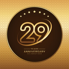 29th anniversary logo with a golden number and ring isolated on a golden pattern background, logo vector illustration