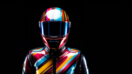 Motorrad Fahrer mit Helm wie der Blitz in bunten farben, ai generativ