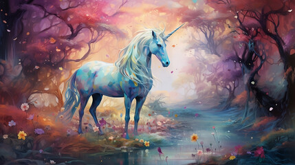 Obraz na płótnie Canvas Watercolor Unicorn in a Tale of the Woods