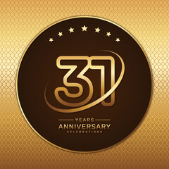 31th anniversary logo with a golden number and ring isolated on a golden pattern background, logo vector illustration