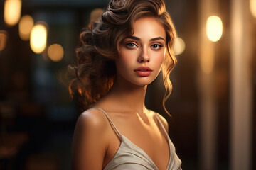 Fototapeta premium Beautiful woman model with a festive hairstyle in a dress. AI generative.