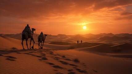 Fototapeta na wymiar Camels in Arab hot sunset landscape desert traveling over the world. Beautiful scenery background copy space banner.