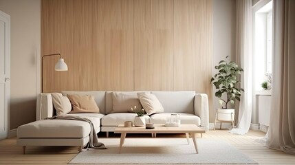 bright living room interior, wooden colors, ia generativ
