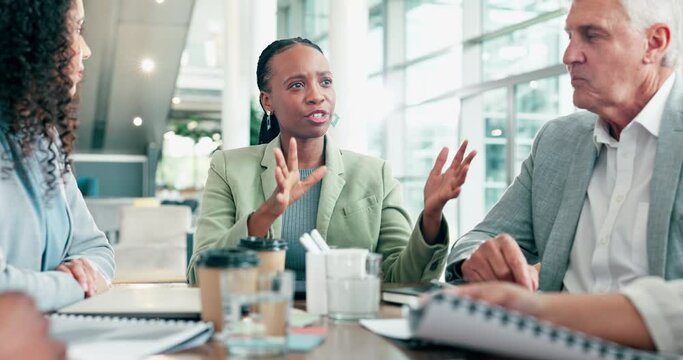 Business people, meeting and manager planning, collaboration and teamwork discussion with documents. Talking, marketing ideas and diversity of men, women and leader with project and group proposal
