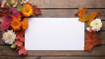 Autumn Fall paper card empty mockup poster on a wooden rustic table decorated with herbal flowers harvesting thanksgiving day celebration. 