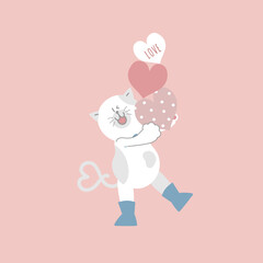 Obraz na płótnie Canvas cute and lovely white cat and heart, happy valentine's day, love concept, flat vector illustration cartoon character costume design