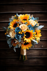 Vibrant bouquet of sunflowers against a rustic wooden backdrop, creating a contrast of colors and textures.
