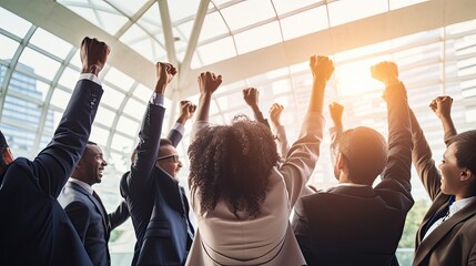 Group of business workers smiling happy. Standing with fists up at the office. The concept of success and luck in business. Illustration for cover, card, postcard, interior design, decor or print.