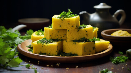 Chana Dal Dhokla served with cut chutney mint, indian national dish food photo banner copy space handmade decorated on a plate with sauces and herbs, greenery. - obrazy, fototapety, plakaty