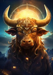 A bull with a gold ring on its horns, taurus sign in horoscope, fantasy animal. Generative Ai.