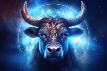 A bull with a blue light on its horns, taurus sing in horoscope, animal. Generative Ai.