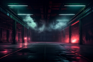 Empty cold wet futuristic garage interior with read lights and smoke