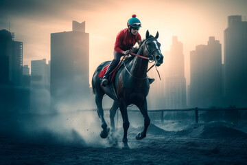Naklejka premium Horse jockey riding on gallop on colourful background. Illustration style, Generative Ai