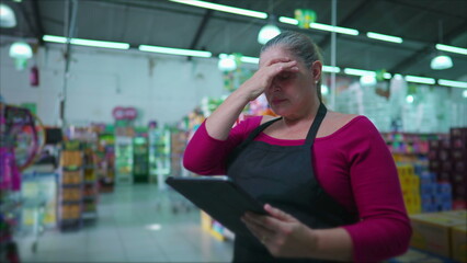 Stressed female employee of Supermarket chain standing inside business feeling frustration and anxiety in workplace while looking at table device screen