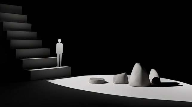 The figure of a man is cut out of white paper and stands on the first rung of the stairs. Staircase leading up from a hole filled with a pile of stones. Way out of a difficult situation. Concept art.