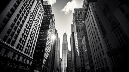 Stickers pour porte Manhattan New York City buildings in black and white for wallpaper, with piercing sun 