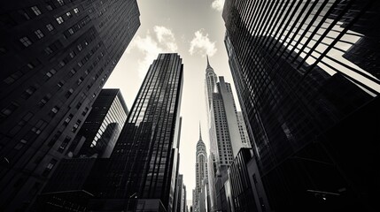 New York City buildings in black and white for wallpaper, with piercing sun 