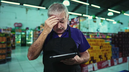 Stressed business owner of supermarket chain feeling pressure facing difficulties in grocery store...