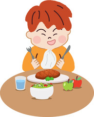 Happy Little Boy Eating Steak. Healthy Diet and Nutrition for Joyful Living.