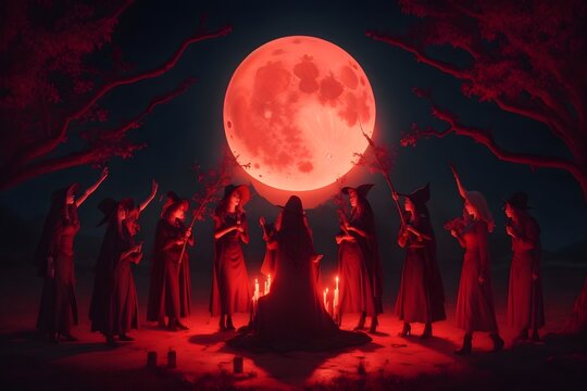 Enter the coven of witches, performing a powerful ritual under the eerie glow of a blood-red moon