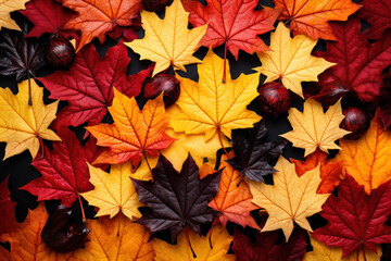 Naklejka na ściany i meble Vibrant autumn maple foliage with a mix of red, orange, and yellow leaves. Abstract natural background.
