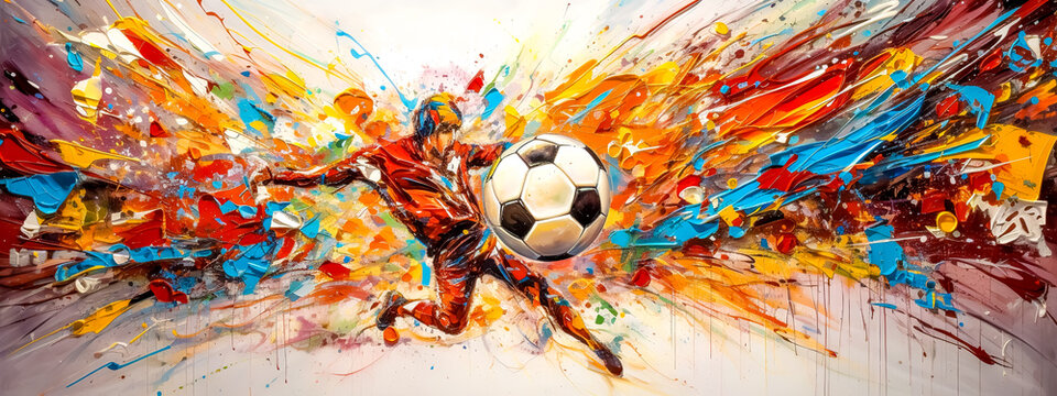 splash of different watercolor colors, soccer sport, football player kicks the ball, art colorful banner made with Generative AI