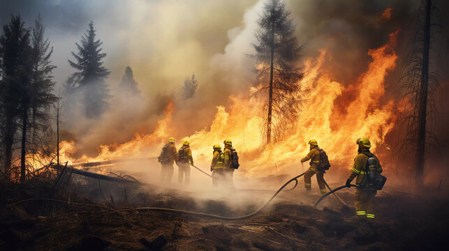group of firefighters are fighting against the fire in the forest. ai generated