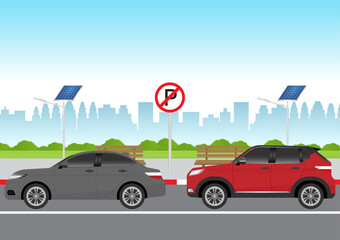 Car Parked in No Parking Area or Prohibited Area. Car Break the Rule in Prohibited Area. Traffic rules. Vector Illustration. 