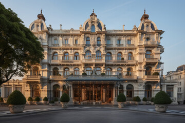 Fototapeta na wymiar exterior facade of a grand hotel, showcasing its architecture and welcoming atmosphere Generative AI