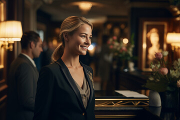 hotel staff providing exceptional service to guests, such as welcoming them at the front desk or attending to their needs Generative AI