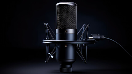 Microphone on the table on dark background, close-up.