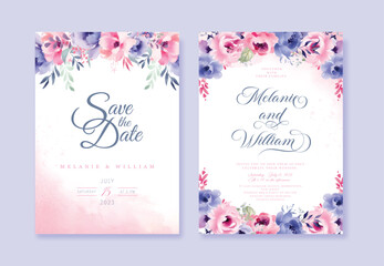 Wedding vector floral invitation, save the date card watercolor design set: garden flower pink blue lilac peach Rose