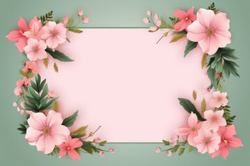 Obraz na płótnie Canvas Pink flower frame with a green background, space for your text. Generative Ai.